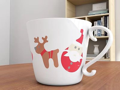 White Christmas Mug With Reindeer And Santa Claus Designs On Wooden Table 3d model