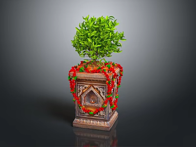 Decorative Planter With Green Plant Red Garland And Arch Design 3d model