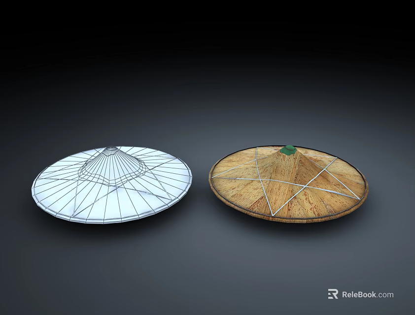 Two Unique Hats with White Grid Pattern and Brown Wooden Texture Featuring Green Accent Design 3d model 
