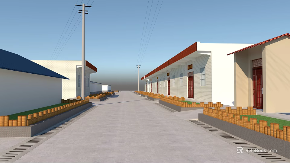 Rural Village Street With White Houses Red Roofs Electric Poles And Power Lines 3d model 
