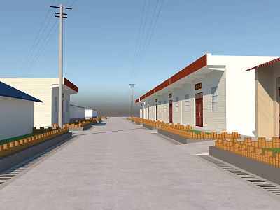 Rural Village Street With White Houses Red Roofs Electric Poles And Power Lines 3d model