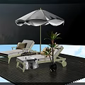 Outdoor Lounge Chair with White Umbrella Potted Plant on Wooden Deck under Blue Sky