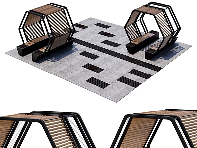 Modern Outdoor Landscape Seats With Hexagonal Metal Frame Wooden Slats And Concrete Paving 3d model