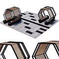 Modern Outdoor Landscape Seats With Hexagonal Metal Frame Wooden Slats And Concrete Paving