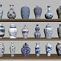 Ceramic Vessels with Traditional Blue and White Patterns and Various Shapes on Wooden Shelves