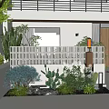 Modern Garden Landscape Featuring Cactus Shrubs White Lattice Fence Wooden Door And Stone Pathway