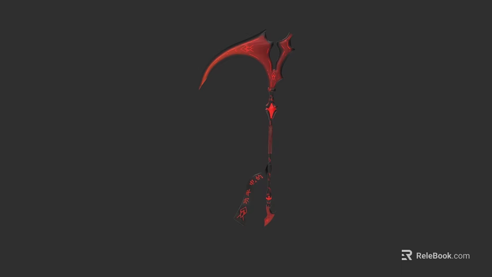 Fantasy Red Ornate Scythe Weapon With Decorative Handle And Sharp Blade 3d model