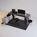 Modern Office Desk With Black Monitor Laptop Office Chair Stool And Storage Cabinet