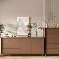 Modern Light Brown Entryway Cabinet and Sideboard with Decorative Painting Green Plants and Small Decorations
