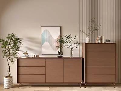 Modern Light Brown Entryway Cabinet and Sideboard with Decorative Painting Green Plants and Small Decorations 3d model