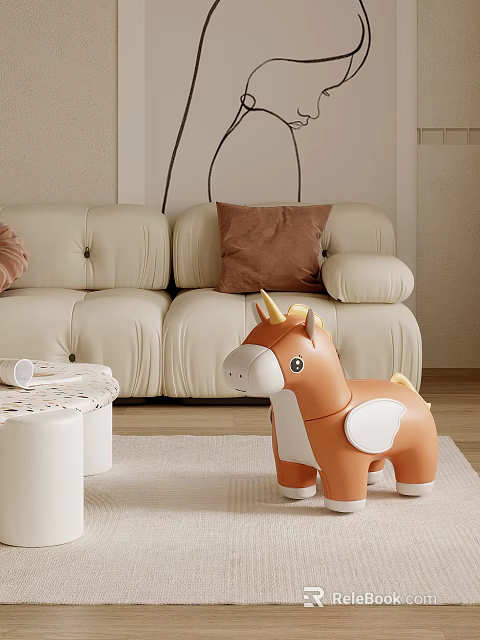 Living Room Scene With Beige Sofa Brown Pillow And Toy Unicorn With Wings 3d model 