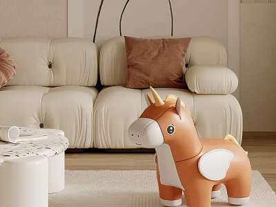 Living Room Scene With Beige Sofa Brown Pillow And Toy Unicorn With Wings 3d model