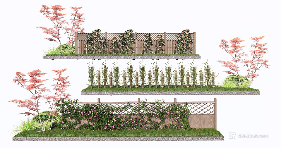 Beautiful Vines Growing On Wooden Garden Fence With Lush Leaves And Pink Blooms 3d model 