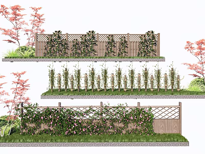Beautiful Vines Growing On Wooden Garden Fence With Lush Leaves And Pink Blooms 3d model