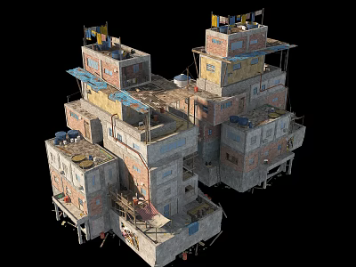 Multi Level Brick Structure With Various Colored Materials Platforms And Flags On Top 3d model