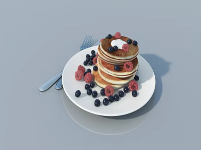 Stacked Pancakes With Fresh Blueberries And Raspberries On White Plate With Fork 3d model