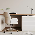 Modern Home Office Desk with White Chair Desk Lamp Plant and Drawer Cabinet