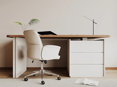 Modern Home Office Desk with White Chair Desk Lamp Plant and Drawer Cabinet 3d model