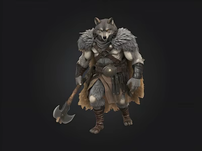 Mythical Wolf Headed Warrior Character With Fur Armor And Battle Axe 3d model