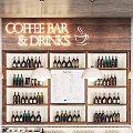 Coffee Bar Interior With Wooden Shelves Bottles Coffee Machine And Dessert