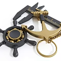 Decorative Gold Anchor And Black Ship Wheel Keychain With Chain And Ornate Design