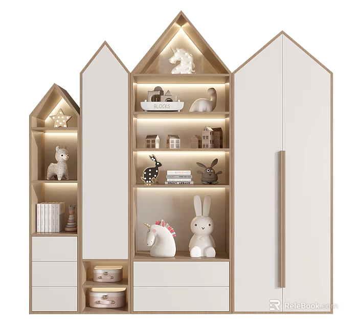 Modern White Wood Bookcase With Layered Shelves Rabbit Unicorn Dolls And Drawers 3d model 