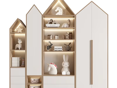 Modern White Wood Bookcase With Layered Shelves Rabbit Unicorn Dolls And Drawers 3d model