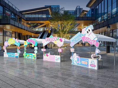 Shopping Mall Outdoor Window Display Decoration Featuring Colorful Coffee Theme Booth And Decorative Elements 3d model