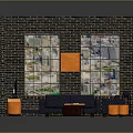 Brick Wall Living Room Interior With Stained Glass Windows Navy Blue Sofa And Orange Stools