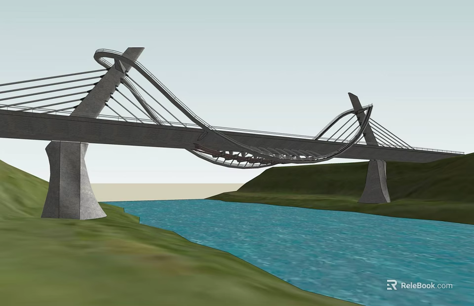 Modern Cable Stayed Bridge Spanning River With Green Grass And Hills 3d model