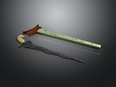 Ancient Decorative Swords With Wooden Handle Green Carved Blade And Black Curved Design 3d model