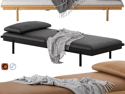 Modern Black Brown Sofa Bench With Leather Cushion Gray Blanket Pillow And Wooden Legs 3d model