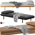 Modern Black Brown Sofa Bench With Leather Cushion Gray Blanket Pillow And Wooden Legs