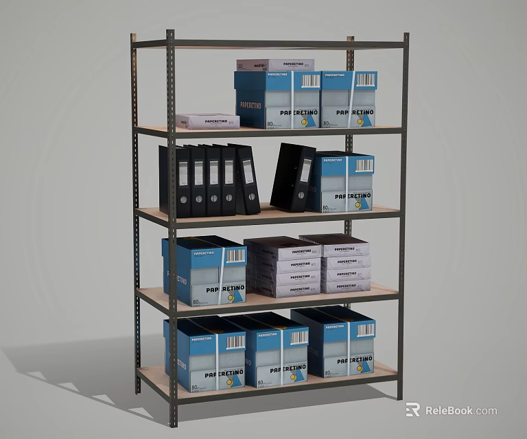 Practical Multi Tiered Storage Shelving Unit With Black Binders And Blue Boxes 3d model