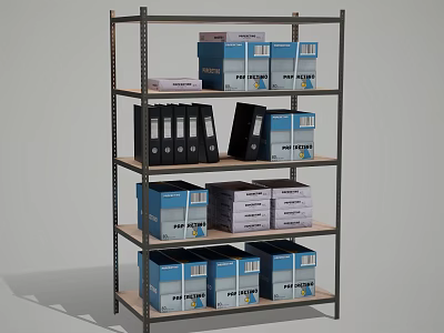 Practical Multi Tiered Storage Shelving Unit With Black Binders And Blue Boxes 3d model