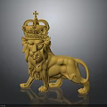Golden Lion Sculpture With Crown Decoration Standing On Reflective Dark Surface