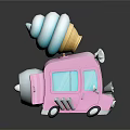 Cute Pink Commercial Ice Cream Truck With Blue White Cone And Cat Decorations