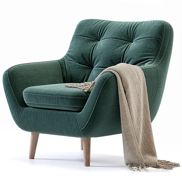 Modern Green Accent Chair With Soft Fabric Wooden Legs And Cozy Throw Blanket 3d model 