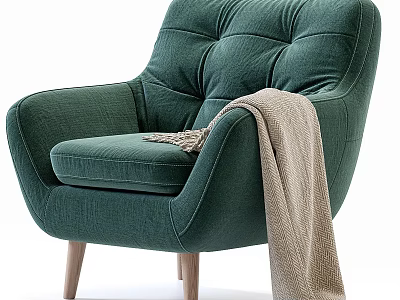 Modern Green Accent Chair With Soft Fabric Wooden Legs And Cozy Throw Blanket 3d model