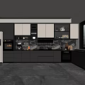 Modern Open Kitchen With Gray Cabinets White Refrigerator Marble Countertop And Black Appliances