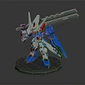 Blue And White Robot Action Figure With Red Accents And Large Sword On Display Base