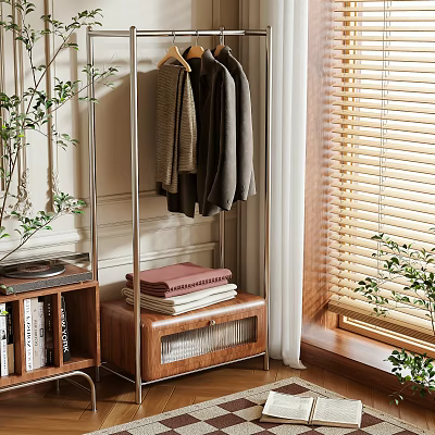 Stylish Clothes Hanger With Hanging Coats Folded Blankets Books And Potted Plant By Window Blinds 3d model