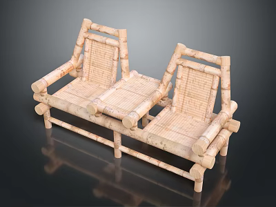 Two Bamboo Wicker Chairs With Wooden Frame For Outdoor Leisure Seating 3d model