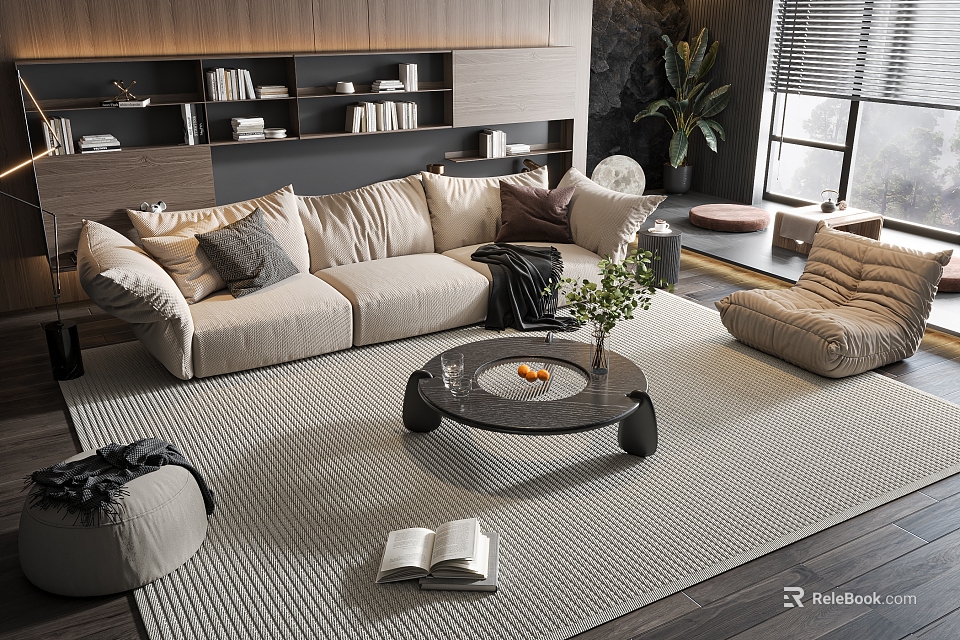 Modern Living Room Interior With Beige Sofa Throw Pillows And Coffee Table Set Vase Flowers 3d model 