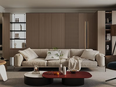 Modern Living Room Featuring Beige Sofa Wooden Storage Cabinets Red Coffee Table And Decor Shelves 3d model