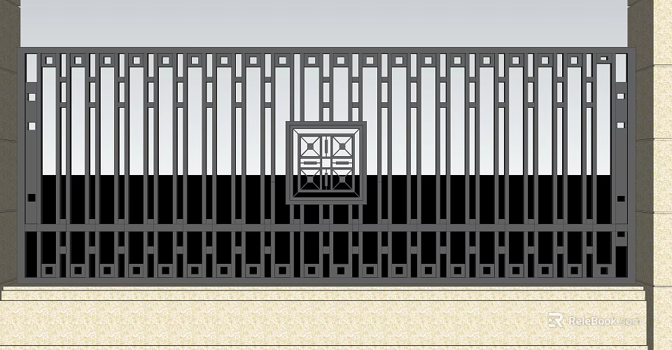 Building Exterior Wall With Traditional Grille And Square Decorative Window In Black And White Design 3d model 