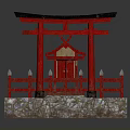 Traditional Japanese Red Torii Gate Featuring Black Top Red Fences And Stone Platform With Steps