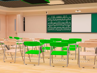 Classroom Furniture With Green Chairs Light Colored Desks And Metal Frames In Classroom Setting 3d model