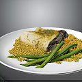 Delicious Baked Fish Fillet Served With Yellow Grains And Green Beans Topped With Fresh Herbs