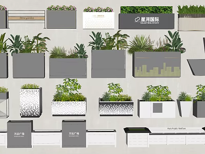 Modern Flower Planters In Various Designs With Green Plants And Decor 3d model